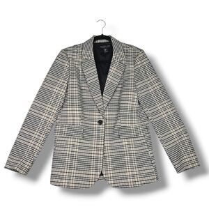 Rachel Zoe Plaid Blazer Womens Size Medium One Button Pockets Black White Tan